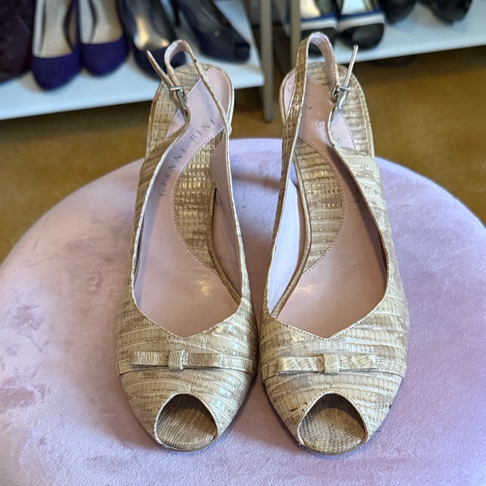 Gianni Bini Textured Tan Peep-Toe Heels